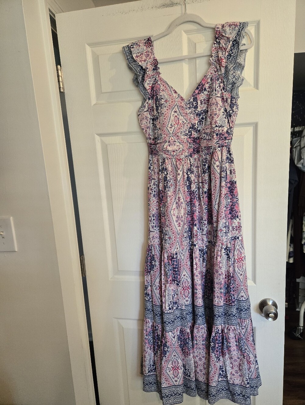 Caroline Constas Pink & Blue Paisley Maxi Dress with Ruffle Straps Small
